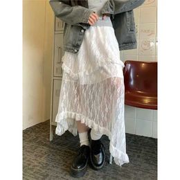 Skirts Deeptown lace Fairycore sheer womens skiing sweet pleats white skiing retro Korean street clothing patch work irregular skiingL2405