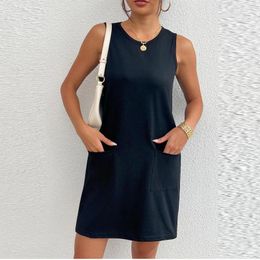 Casual Dresses Womens Solid Color Sleeveless Crew Neck Dress Lady Above Knee Mini Workout Sport Tennis Athletic With Pockets