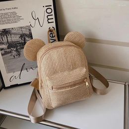 School Bags Stylish Straw Braid Small Backpacks For Women Cute Cartoon Ear Design Ladies Travel Backpack Female Fashion Beach Bag 2024 Trend