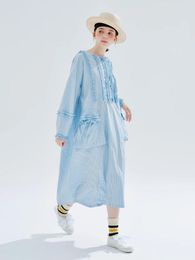 Casual Dresses IMAKOKONI Original Design Autumn Winter Long Sleeve Dress Thin Lace Patchwork Loose Blue Plaid Shirt 234253