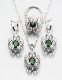 Earrings Necklace Selling ThreeDimensional Silver Colour Green Created Emerald Flower Jewellery Sets For Women Ring 678910 JS34130337