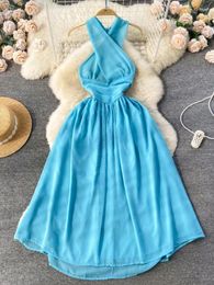 Casual Dresses Women Elegant Blue Long Dress Summer Sexy Cross Hanging Neck Beach Ladies Backless Slim A-line Robe Vestidos