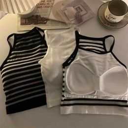 Women's Tanks Korean Women Tank Tops Thread Solid Casual Fashion Crop Top with Chest Pad Stripe Sleeveless Outer Wear Basicole