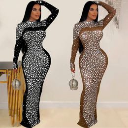 Casual Dresses Women Long Sleeve O Neck Bodycon Sheer Mesh Diamonds Sexy Party Rhinestone Night Club Elegant Evening Maxi Dress