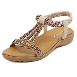 Casual Shoes 2024 Summer Versatile Fashion Beaded Trendy Elastic Band Flat Bottom Lightweight And Comfortable Women's Sandals 2230-3