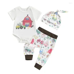 Clothing Sets Summer Infant Baby Boys Outfits Short Sleeve Cartoon Print Romper Pants Hat Set Farm Clothes