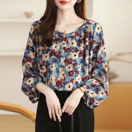 Women's Blouses Blue Floral Printing Vintage Chiffon O-Neck Lantern Sleeve Loose Blouse Shirt Korean Fashion Female Clothing Tops 2024