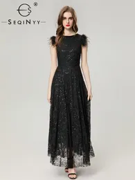 Casual Dresses SEQINYY Elegant Black Long Dress Vest Party Summer Spring Fashion Design Women Runway Feather Vintage Embroidery Flower