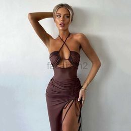 Casual Dresses Designer Dress Women's 2024 Spring New Hanging Neck Long Dress Sexy Open Back Split Drawstring Slim Fit Dress for Women Plus size Dresses