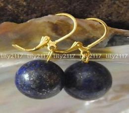 Genuine Natural 681012mm lapis lazuli Round Gem Gold Leverback Dangle Earring3239987