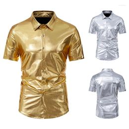 Men's Casual Shirts Glossy Club Disco Short Sleeve Shirt Bright Sequin Father Gift European Size