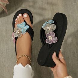 Dress Shoes 2024 Summer Slippers Casual Crystal Flower Open Toe Flip Flops Wedge For Woman Outdoor Flat Sandals Beach Slides