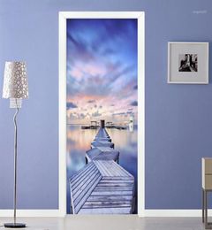 Modern 3D Blue Sky Sea View Wood Bridge Door Sticker Living Room Bedroom Creative Po Wall Mural Waterproof Wallpaper 3D15475417