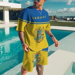 Men's Tracksuits New Summer Mens Wear Ukrainian Flag 3D Printed Womens Casual Jogging Fashion Retro Personalized T-shirt+Shorts 2-piece SetL2405