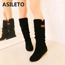 Boots ASILETO Size 46 Suede Padded Knee 4cm Heel Round Toe Women's Retro Booties Autumn Winter Warm Plush Yellow Black Brown