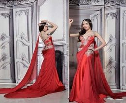 2020 New Gorgeous Indian Dresses Long Formal Red Evening Gowns Sheer Straps Court Train Ruched Chiffon Lace Appliques Prom Dress w1975130