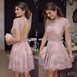 2020 New Arrival A Line Evening Hollow Short Sleeve Lace Applique Sequins Formal Dresses Tulle Jewel Neck Party Gown 0508