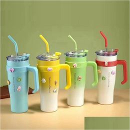 Tumblers Exquisite Cute Car Mug Stainless Steel Cup Lovely Men Women Large Capacity Vacuum Beautif Handle Suction Drop Delivery Home G Otbbj