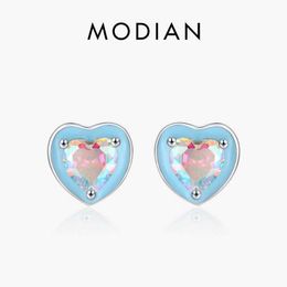 Stud Modian 925 sterling silver romantic blue enamel heart-shaped earrings rainbow colored zirconia womens wedding jewelry Q240507