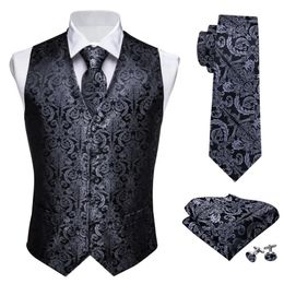 Designer Mens Classic Black Paisley Jacquard Folral Silk Waistcoat Vests Handkerchief Tie Vest Suit Pocket Square Set BarryWang 240507
