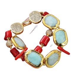 GuaiGuai Jewellery Natural Stone Green Amazonite Red Coral rectangle Gold Colour Plated Nugget Strands Bracelet Handmade For Women Re5537826