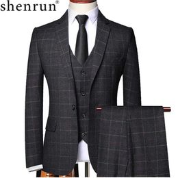 Men's Suits Blazers Shenrun Mens 3-piece Spring and Autumn Smooth Slim Fit Business Formal Casual Checker Set Office Work Party Ball Wedding Groom Q240507
