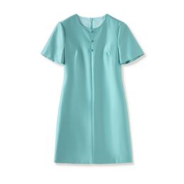 Summer Green Solid Colour Dress Short Sleeve Round Neck Buttons Short Casual Dresses W4M065307