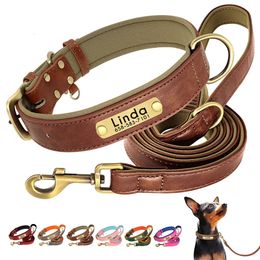 Customised Leather Dog Collar Leash Set Soft Padded For Small Medium Large Dogs With Free Engraved Nameplate 240508