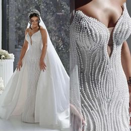 Pearls Exquisite Mermaid Sweetheart Wedding Dresses Whole Design Detachable Train Tulle Sleeveless Custom Made Plus Size Sexy Bridal Gown Vestidos De Novia