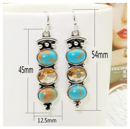 Earrings Necklace Vintage Silver Colour Natural Turquoises Drop Long Earring Ethnic Crystal Dangle For Women Boho Jewelry8562329