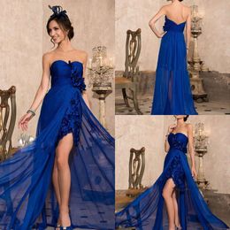 2020 Modest Sweetheart Sleeveless Backless Front Split A Line Evening Lace Hand Made Flower Formal Dresses Sweep Train Party Gowns 0508