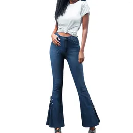 Women's Jeans Lady Mid Waist Denim Flare Button Boot Cut Womens Pants Slight Strech Ankle-Length Females