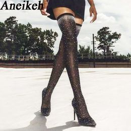 Sexy High Heels Sock Over-the-Knee Boots Pointed Toe Design Crystal Rhinestone Stretch Fabric Pole Dancing Women Shoes