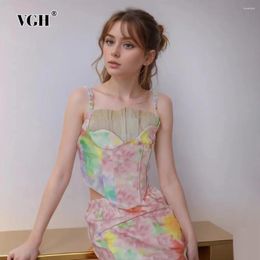 Women's Tanks VGH Hit Colour Printing Patchwork Mesh Tank Tops For Women Square Collar Sleeveless Backless Slimming Vests Female Fashion