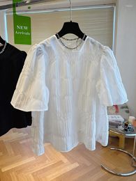Women's Blouses SuperAen Summer 2024 Korean Design White Pleated Blouse Loose Bubble Short Sleeve Chic Doll