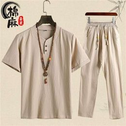 Linen Set, Men's Short Sleeved Long Pants, One Set Of Clothing, Men's Middle-Aged And Elderly Men's Clothing, Father's Clothing, Summer Clothing, Cotton And