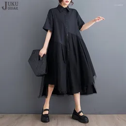 Party Dresses Solid Black Mesh Overlay Summer Korean Style Woman Loose Fit Shirt Dress Big Size Casual Holiday Large Robe JJXD764
