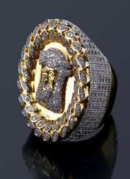 Luxury Men Gold Tone Hip Hop Jesus Face Ring Micro Pave Cubic Zirconia Simulated Diamonds Rings Size712 Bling Bling Jewelry5826442