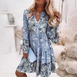 Casual Dresses Women Floral Print Dress Boho Patchwork Long Sleeves V Neck Mini Summer Holiday Beach Sundress