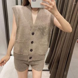 Women's Knits 2024 Grey Sweater Vest Women Spring V Neck Button Pockets Loose Sleeveless Knitted Jumper Autumn Casual Oversized Cardigans