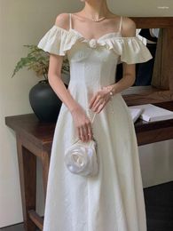Party Dresses White Floral Elegant Vintage Dress Women Off Shoulder Korean Fashion Long Female Designer Fairy Strap 2024 Summer
