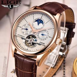 Wristwatches LIGE Luxury Fashion Man Retro Watch Automatic Mechanical Watches Tourbillon Clock Leather Strap Waterproof Military