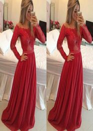 Red Prom Dresses Long Sleeve Off Shoulder A Line Appliques Lace On Top Chiffon Skirt With Pearl Waist Formal Cocktail Evening Dres4189035