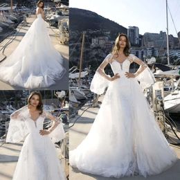 Com e embrulhar vestidos de casamento destacável modesto trem sweetheart rendique apliques biles sem costas