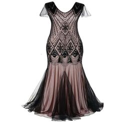 QUALITY Plus Size Women 1920s Vintage Long Prom Gown Beaded Sequin Mermaid Gatsby Party Evening Dress with Sleeve3231889