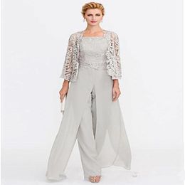 2019 Newest Grey Mother of The Bride Dresses Two Pieces Lace Jackets Mothers Dresses For Wedding Events Pants Suit Evening Gown 215d