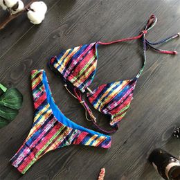 Women's Swimwear Multicolor Striped Bikini String Backless Triangle Thong Swimsuit Vintage Trend Y2K Women Brazil Beachwear Bathing Suit