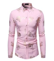 Stylish Rose Floral Gold Print Pink Shirt Men 2020 New Slim Fit Long Sleeve Mens Dress Shirts Club Party Wedding Camisa Social LJ25412602