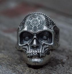 Unique Silver Color 316L Stainless Steel Heavy Sugar Skull Ring Mens Mandala Flower Santa Muerte Biker Jewelry3997164