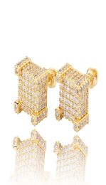 Hip Hop 18K Gold Plated Earrings for Men Gold Silver Iced Out CZ Square Stud Earring With Screw Back Jewelry2887930